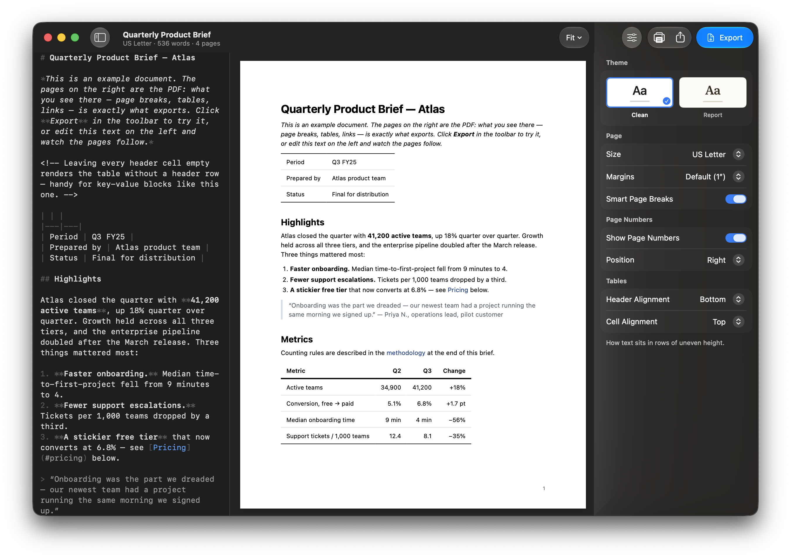 The MDash window: a Markdown editor on the left, a live paginated PDF preview in the middle, and document controls on the right